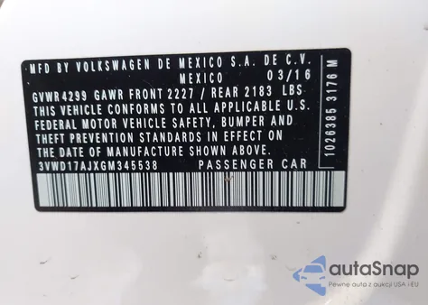 2016 Volkswagen Jetta 1.8T Sport z USA, uszkodzony, nr VIN 3VWD17AJXGM345538